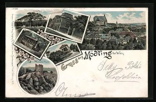 Lithographie Mödling bei Wien, Cursalon, Husarentempel, Schwarzer Turm