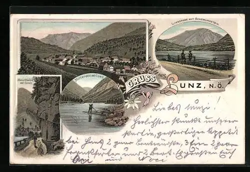 Vorläufer-Lithographie Lunz /N. Ö., 1895, Lunzersee mit Scheiblingstein, Mittersee, Hohle Mauer