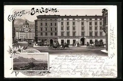 Lithographie Salzburg, Ortspartie mit Josef Bergers Gasthof zum Schlambräu, Ortsansicht vom Kapuzinerberg