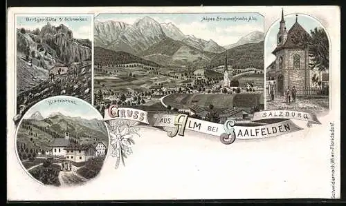 Lithographie Alm /Saalfelden, Bertgen-Hütte am Schneekar, Hinterthal, Gesamtansicht, Kapelle Palästina