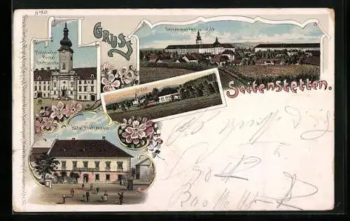 Lithographie Seitenstetten, Hotel Pfaffeneder, Prälatenhof, Stift