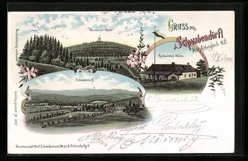 Lithographie Pressbaum, Schwabendörfl, Ortsansicht mit Umgebung, Gasthaus Wedra