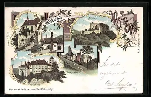 Lithographie Weiten bei Melk, Schloss Leihen, Roland-Säule