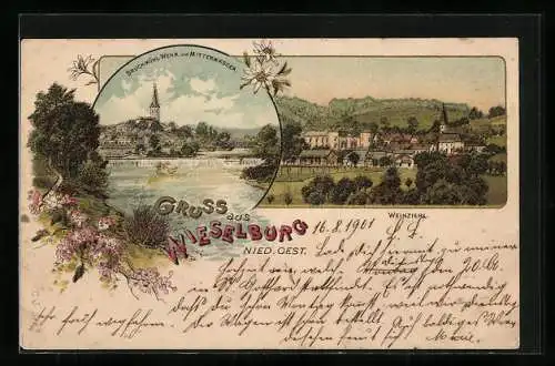 Lithographie Wieselburg /N.-Ö., Weinzierl, Bruckmühl-Wehr und Mitterwasser mit Ortsansicht