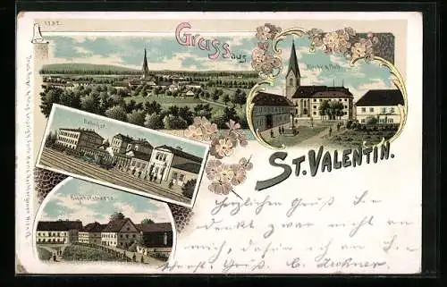 Lithographie St. Valentin, Bahnhof, Bahnhofstrasse, Kirche & Platz, Gesamtansicht