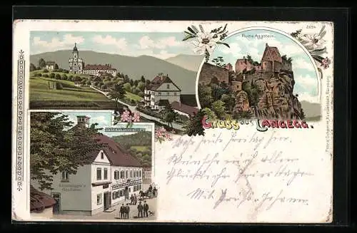 Lithographie Maria Langegg, Kalteneggers Gasthaus, Ortsansicht mit Umgebung, Ruine Aggstein