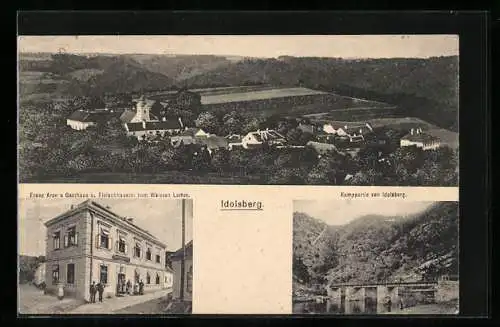 AK Idolsberg, Franz Arons Gasthaus-Fleischhauerei zum weissen Lamm, Kamppartie, Gesamtansicht aus der Vogelschau