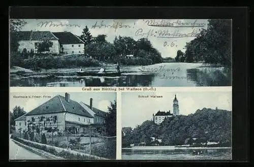 AK Mitterkirchen im Machland, Hütting bei Wallsee, Gasthaus Friedr. Fries, Schloss Wallsee, Wasseransicht mit Bootsparti