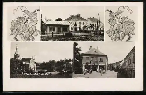 AK Glaubendorf, Hotel-Restaurant, Blick in eine Strasse mit Otto Knell, Kirche