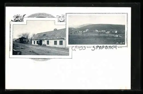 AK Sparbach /N. Ö., Gebäude mit Pavillon und Strasse, Gesamtansicht mit Umgebung