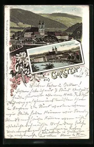 Lithographie Garsten /Steyr, Ortsansicht mit Eisenbahn und Bergen, Teilansicht Ennsseite