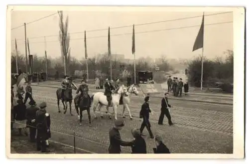 5 Fotografien J. Weichelt, Dresden, Ansicht Dresden, Circus Busch, Parade in der Stadt mit Elefanten u.a.