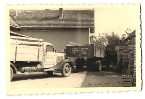 2 Fotografien Besler, Wiesbaden, Ansicht Marburg, Lastwagen LKW-Pritsche der Obsthandlung Karl Fokter in Marburg