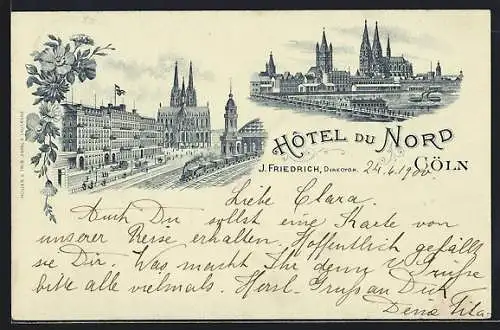 Lithographie Köln, Hotel du Nord, Panorama mit Dom