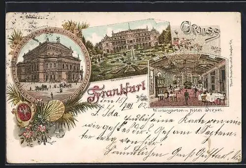 Lithographie Frankfurt a. M., Wintergarten im Hotel Drexel, Opernhaus, Palmengarten