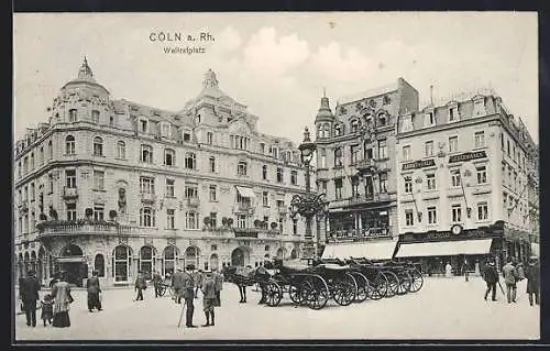 AK Köln a. Rh., Strasseneck am Wallrafplatz, Lederwaren Wilhelm Hahn, Kutschen