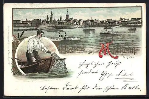 Lithographie Mülheim a. Rhein, Dampfer auf dem Rhein, Blick auf den Ort, Fischer