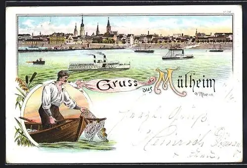 Lithographie Mülheim a. Rhein, Teilansicht, Fischer mit Boot