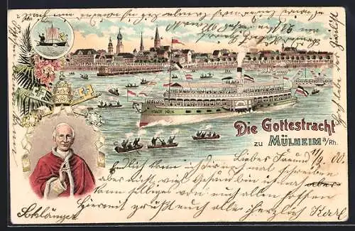 Lithographie Mülheim a. Rh., Die Gottestracht, Bischof, Stadtpanorama mit Dampfschiff Stadt Köln