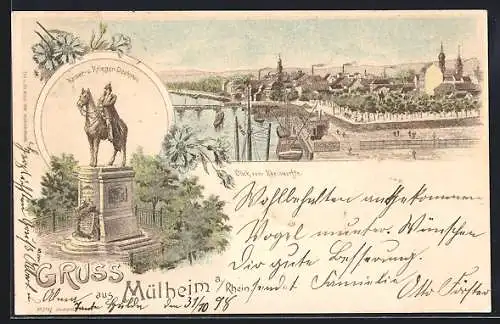 Lithographie Mülheim a. Rhein, Rheinwerft, Kaiser- und Krieger-Denkmal