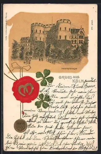 Lithographie Köln, Hahnentor, Siegel mit Kleeblättern