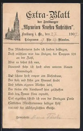 Künstler-AK Freiburg i. Br., Extra-Blatt der Freiburger Allgemeinen Neuesten Nachrichten 1907, Kirche