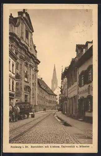 AK Freiburg / Breisgau, Bertoldstrasse mit Universitätskirche, Pferdefuhrwerk