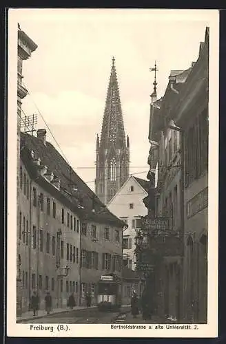 AK Freiburg / Breisgau, Bertholdstrasse & alte Universität, Möbelhaus Julius Hug, Strassenbahn