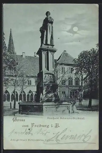 Mondschein-AK Freiburg i. Br., Am Berthold Schwartz-Denkmal