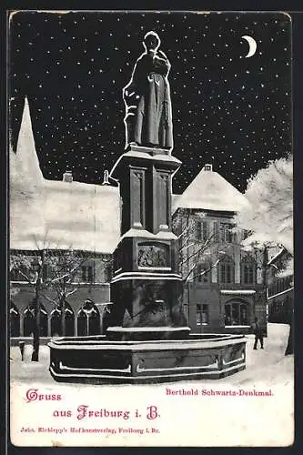 AK Freiburg i. Br., Berthold Schwartz-Denkmal in winterlicher Mondnacht