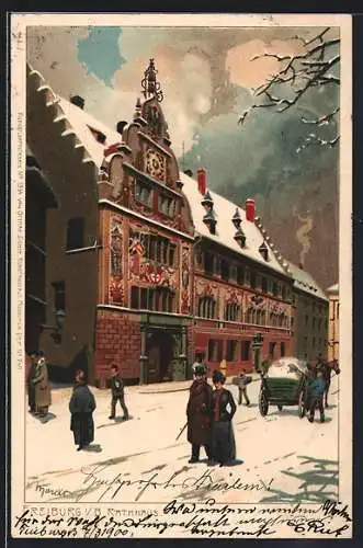 Künstler-AK Freiburg / Breisgau, Rathaus mit Fussgänger und Pferdekarren im Winter