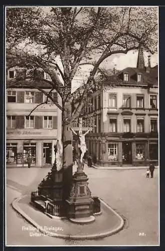 AK Freiburg i. Breisgau, Unter-Linden mit Kruzifix