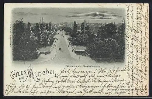 Mondschein-AK München, Panorama vom Maximilianeum aus