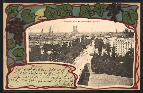 Lithographie München, Panorama vom Maximilianeum gesehen, Weintrauben-Ornament, Mond