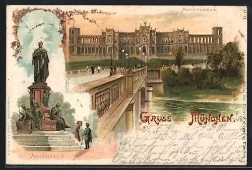 Lithographie München-Haidhausen, Blick auf Maximilianeum u. Denkmal Maximilian II.