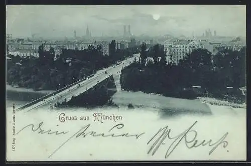 Mondschein-AK München, Teilansicht mit Brücke aus der Vogelschau