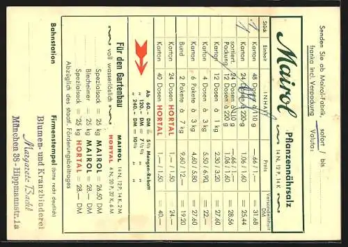 Künstler-AK München-Neuhausen, Winthirplatz 5, Firma Otto Schliekmann, Mairol-Dünger-Vertretung, Bestellkarte, Geranie