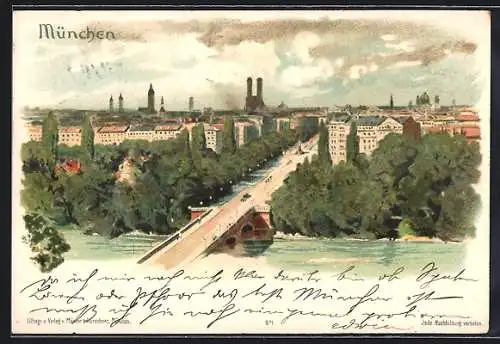 Lithographie München, Blick auf die Maximiliansbrücke