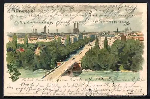 Lithographie München, Blick auf die Maximiliansbrücke