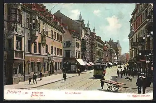 AK Freiburg i. Br., Kaiserstrasse mit Strassenbahn