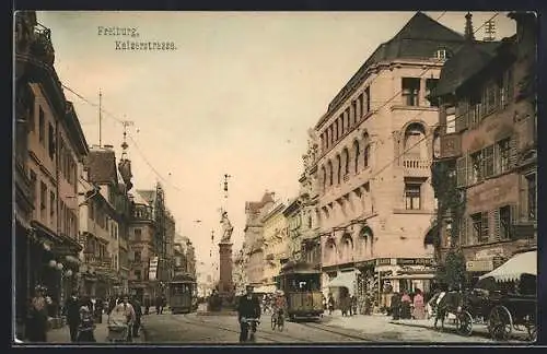 AK Freiburg / Breisgau, Strassenbahn fährt durch die Kaiserstrasse