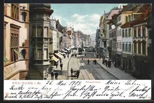 AK Freiburg i. B., Kaiserstrasse mit Strassenbahnen aus der Vogelschau