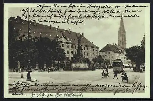 AK Freiburg i. Br., Carls-Kaserne und Siegesdenkmal, Strassenbahn