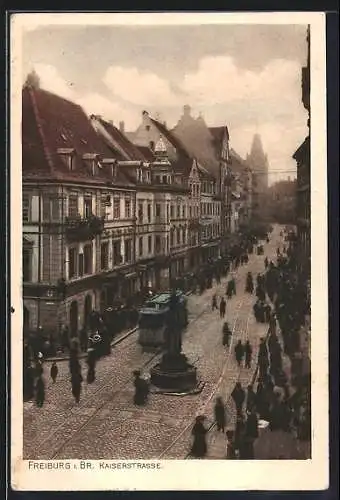 AK Freiburg i. Br., Kaiserstrasse mit Strassenbahn aus der Vogelschau