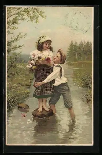 Künstler-AK Meissner & Buch (M&B) Nr. 1521: Junge umarmt ein Mädchen, Rosen