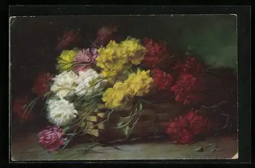 Künstler-AK Korb mit bunten Blumenstrauss