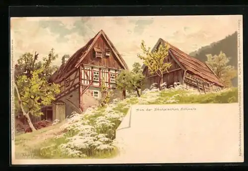 Lithographie Aus der Sächsischen Schweiz, Bauernhaus mit Scheune