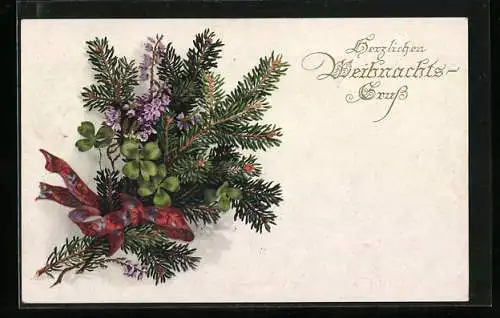 Künstler-AK Meissner & Buch (M&B) Nr. 2306: Tannenzweig mit Blüten und Kleeblättern, Weihnachtsgruss