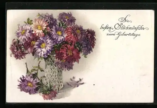 Künstler-AK Meissner & Buch (M&B) Nr. 2394: Vase mit violetten Blumen, Geburtstagsgruss
