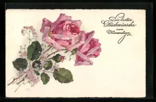 Künstler-AK Meissner & Buch (M&B) Nr. 3140: Rosafarbene Rosen, Glückwunsch zum Namenstag